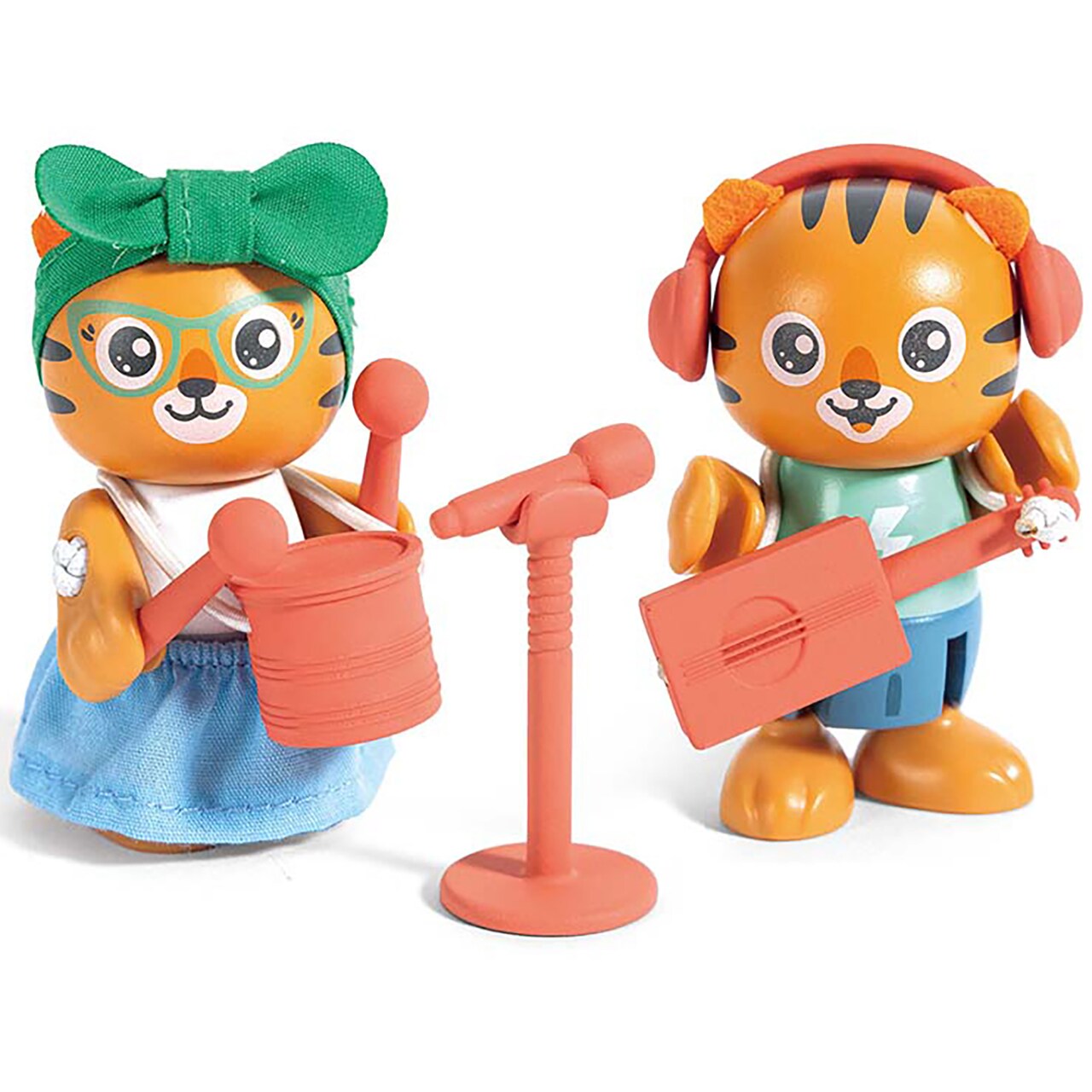 Hape: Milo & Melody Set - 2 Tiger Articulated Toy Figurines, Wooden Animal Miniatures W/ Musical Instruments, Green Planet Explorers, Kids Age 3+